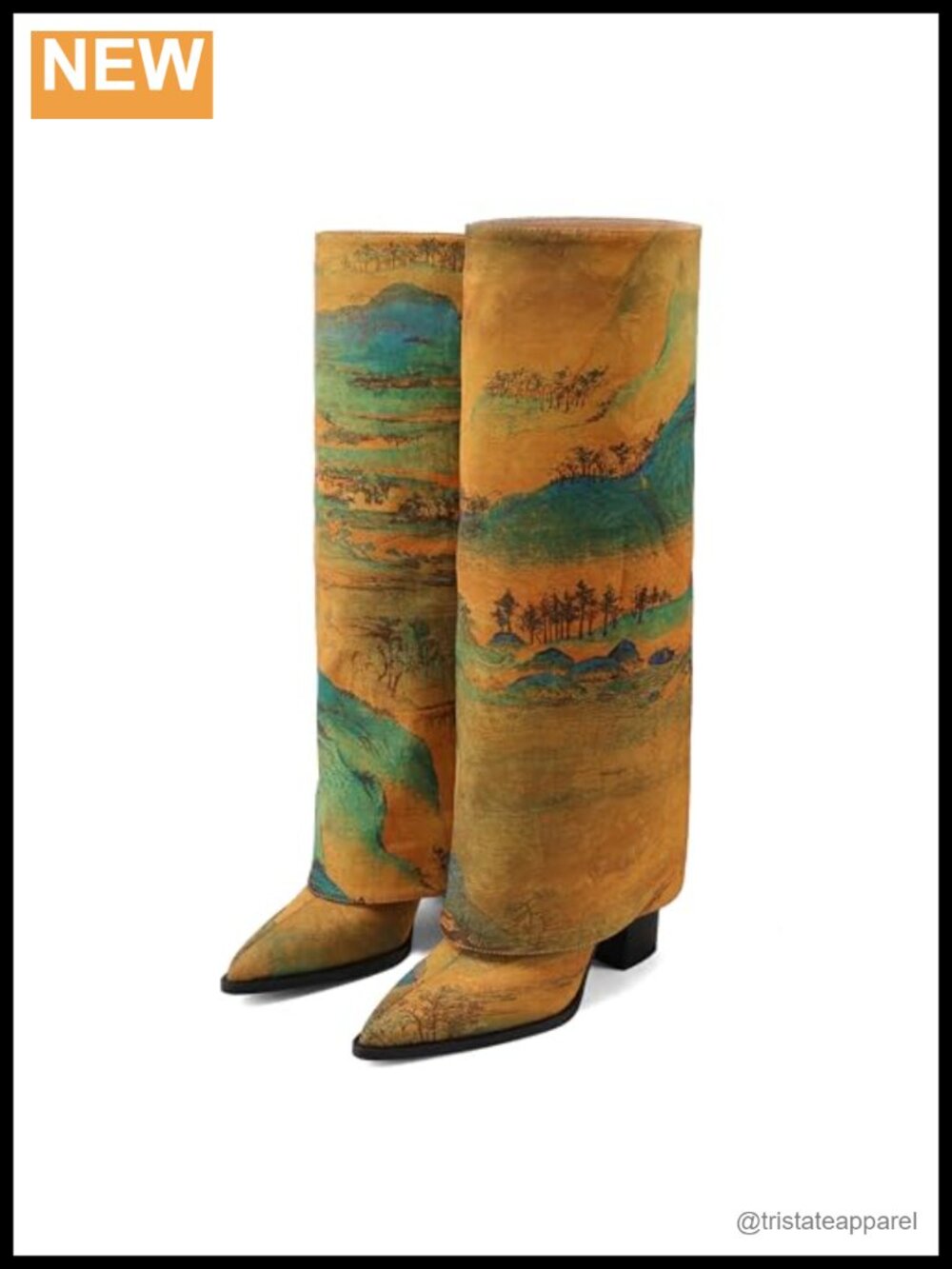 Fabric Landscape Print Pointed Toe Knee High Block Heel Boots Fold Over Shaft